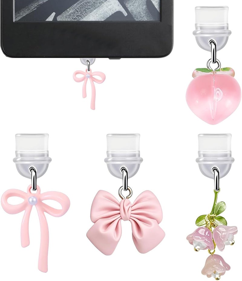 sunla Store 4Pcs Charms for Kindle, Pink Bow Dust Plug Charm Compatible with E-Reader, Phone, Ipad with Type C/USB C Charging Port-CP001 - Image 1